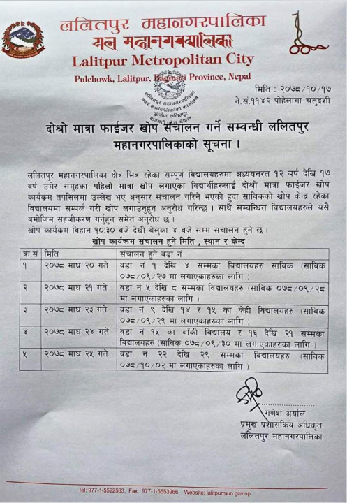 ललितपुर महानगरमा आजदेखि फाइजर खोपको दोस्रो डोज 